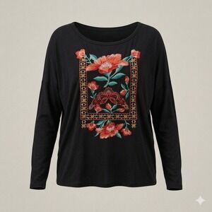 Ivory Women Stretch Black Long Sleeve Floral Embroidered Boho Relaxed Fit Top XL